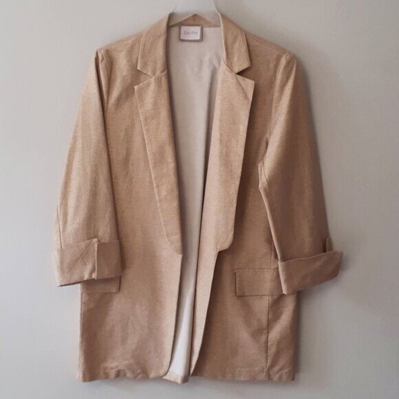 NWT Saiph gold tone metallic sheen shimmer tan camel brown open front blazer L - Picture 9 of 10